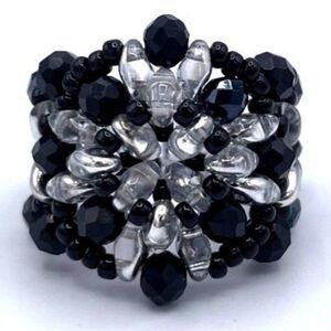 Labrador Silver with Black and Onyx Crystal Beaded Statement Ring Size 6
